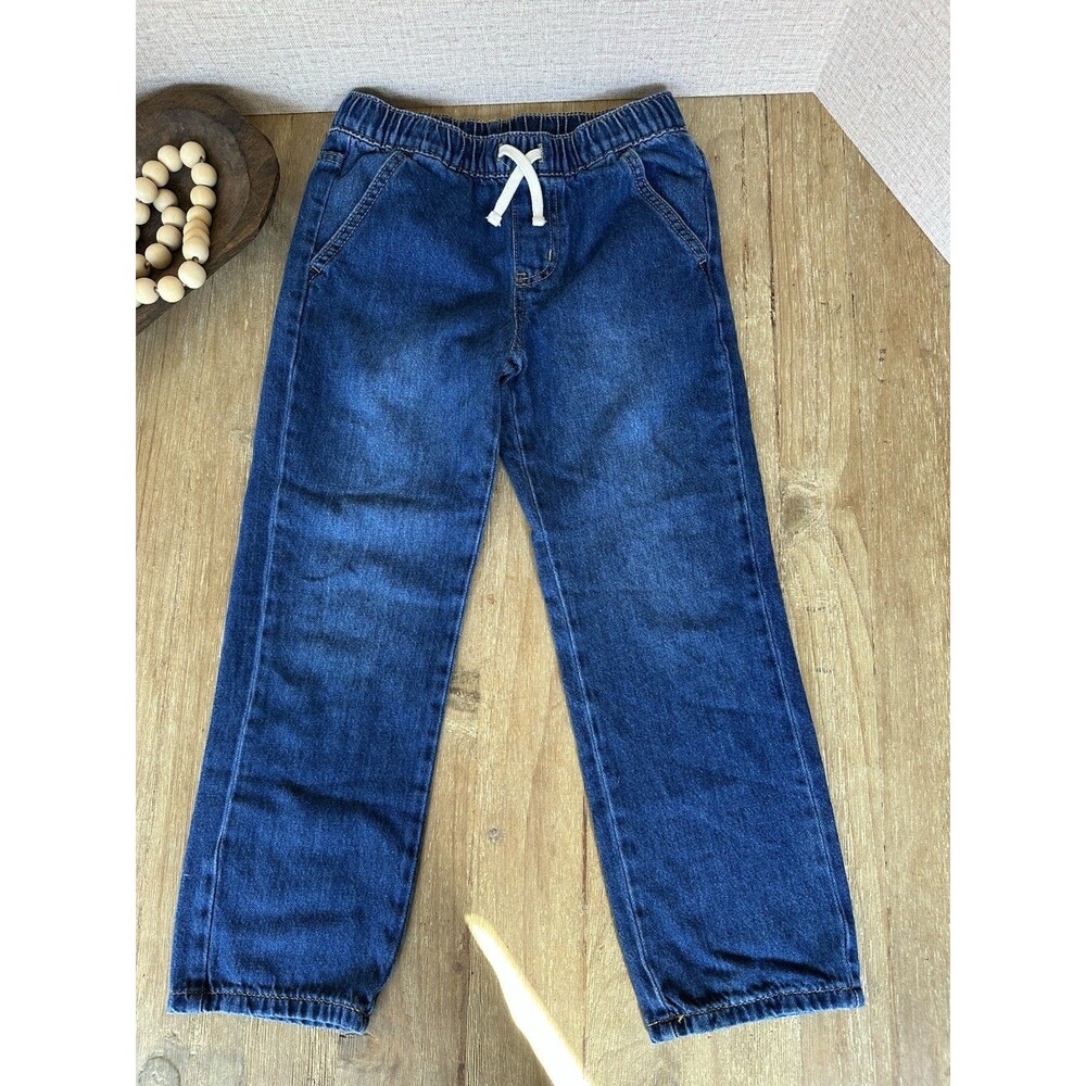 Cat & Jack Boys Size 8 Straight Blue Denim Jeans Elastic Waist Drawstring